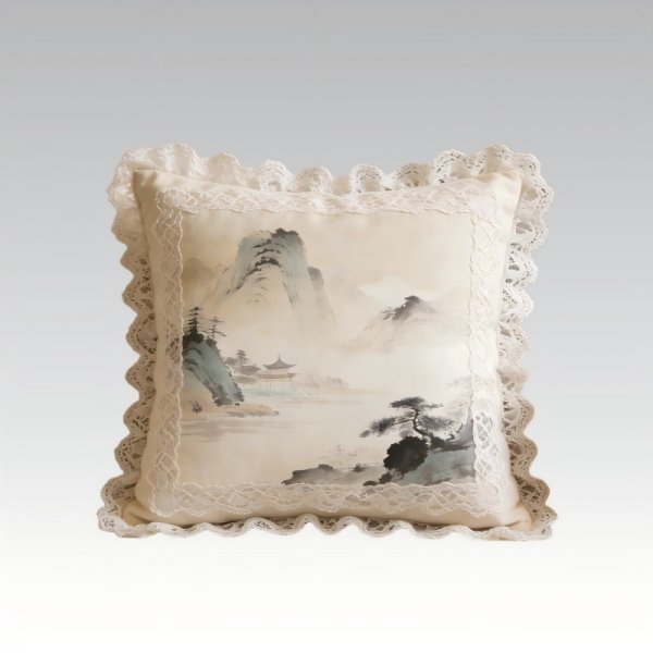 Lace-Trimmed Chinese Landscape Pillow - Vintage Elegant Sofa Cushion